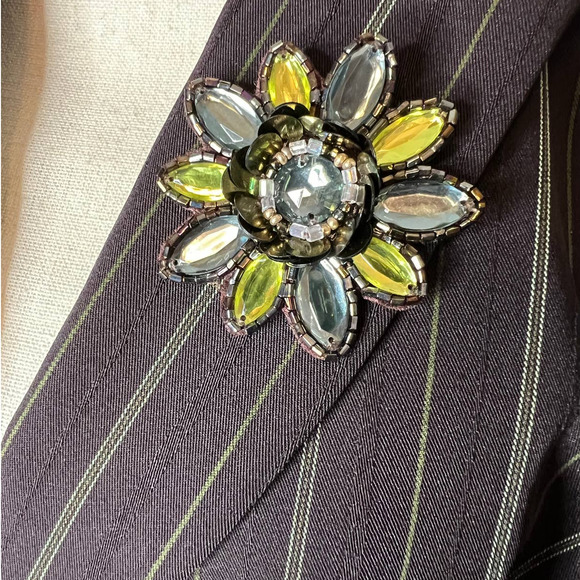 Bob Mackie Womens Jacket Size 14 in Brown w/Green Stripe and Matching Floral Pin - Picture 3 of 6